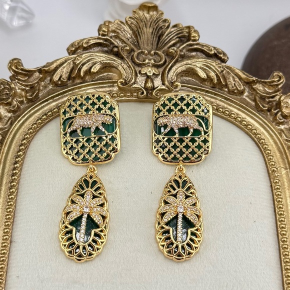 Statement Panther & Palm Drop Earrings – Gold/Green - Picture 6 of 10